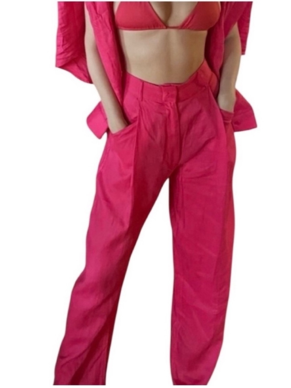 AEXAE 100% Linen High
Waisted
Coastal Wide Leg Trouser
Pants Pink Size Small